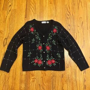 VTG Beaded Christmas Cardigan Sweater Womens M Sequins Poinsettia Holly